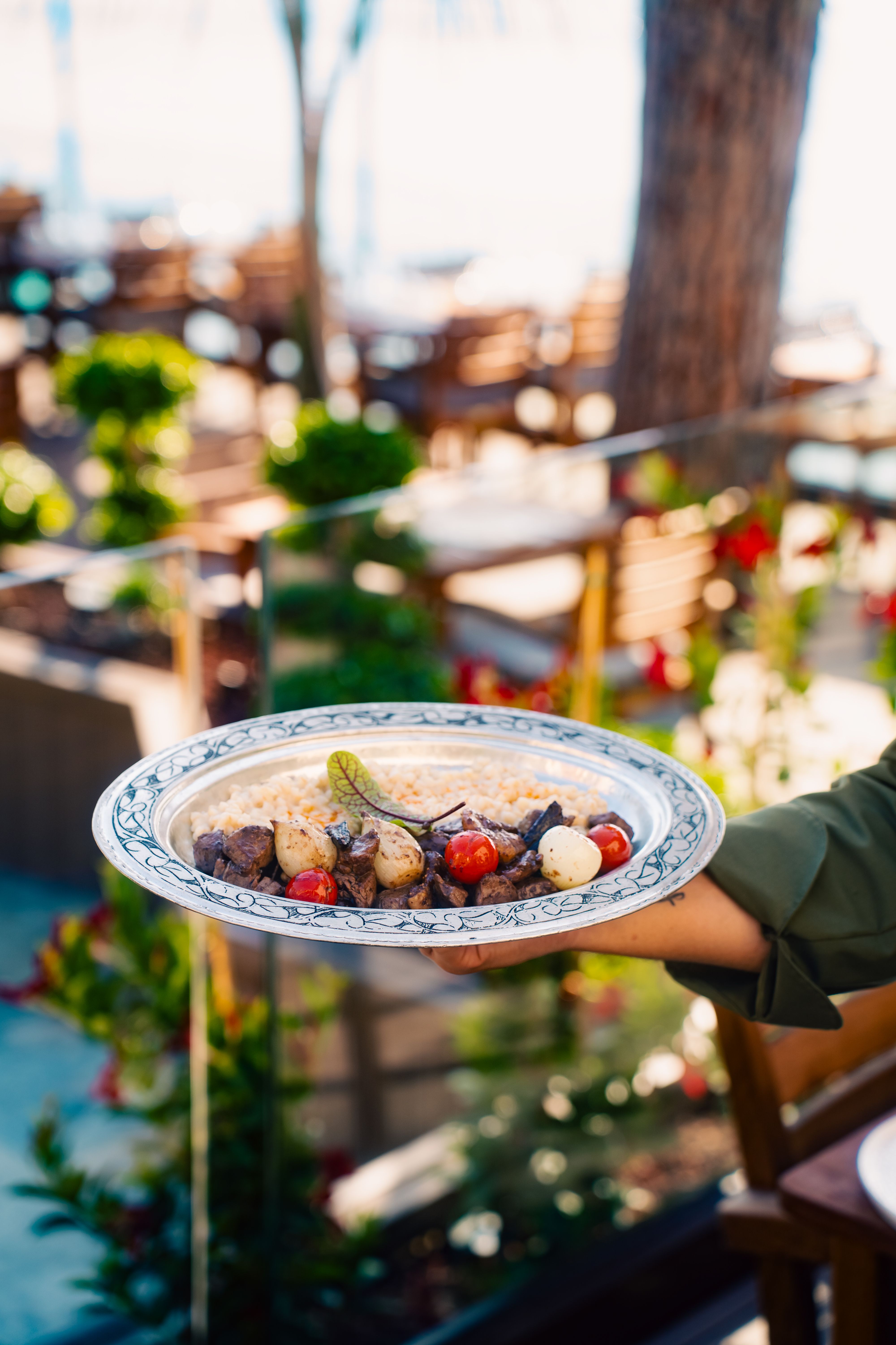 A dinner scene with beautifully presented dishes